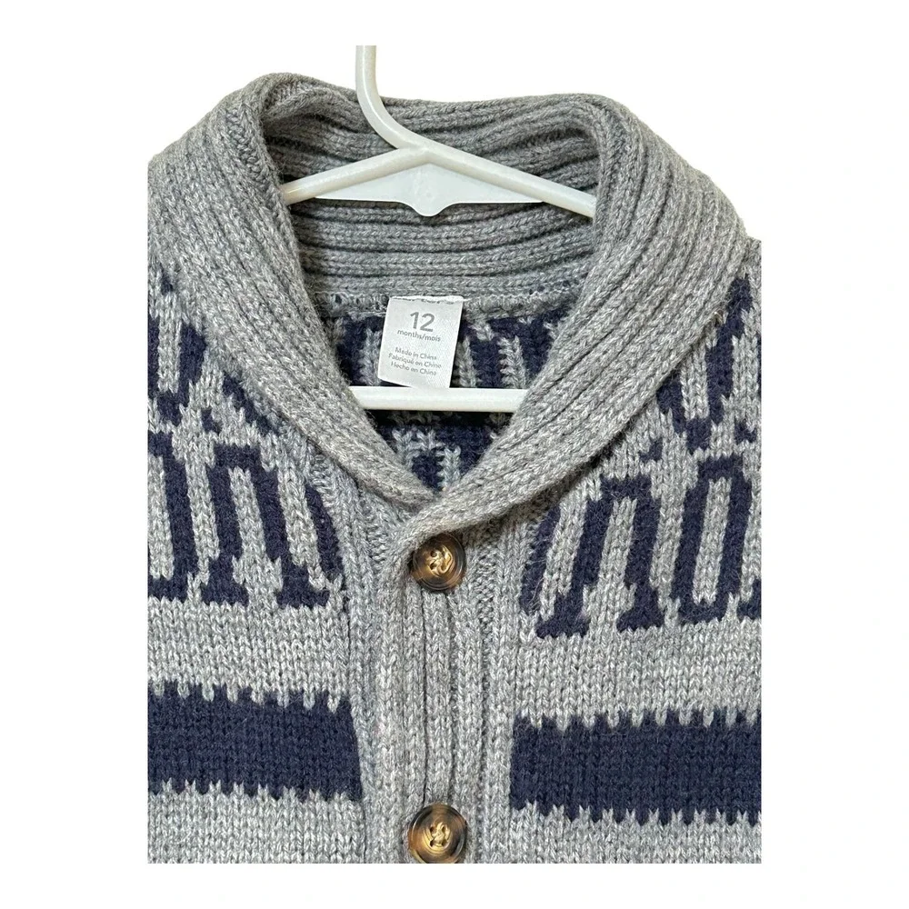 Carter's Boys Nordic Sweater Size 12 Months Gray Blue Button Front GrandpaCore